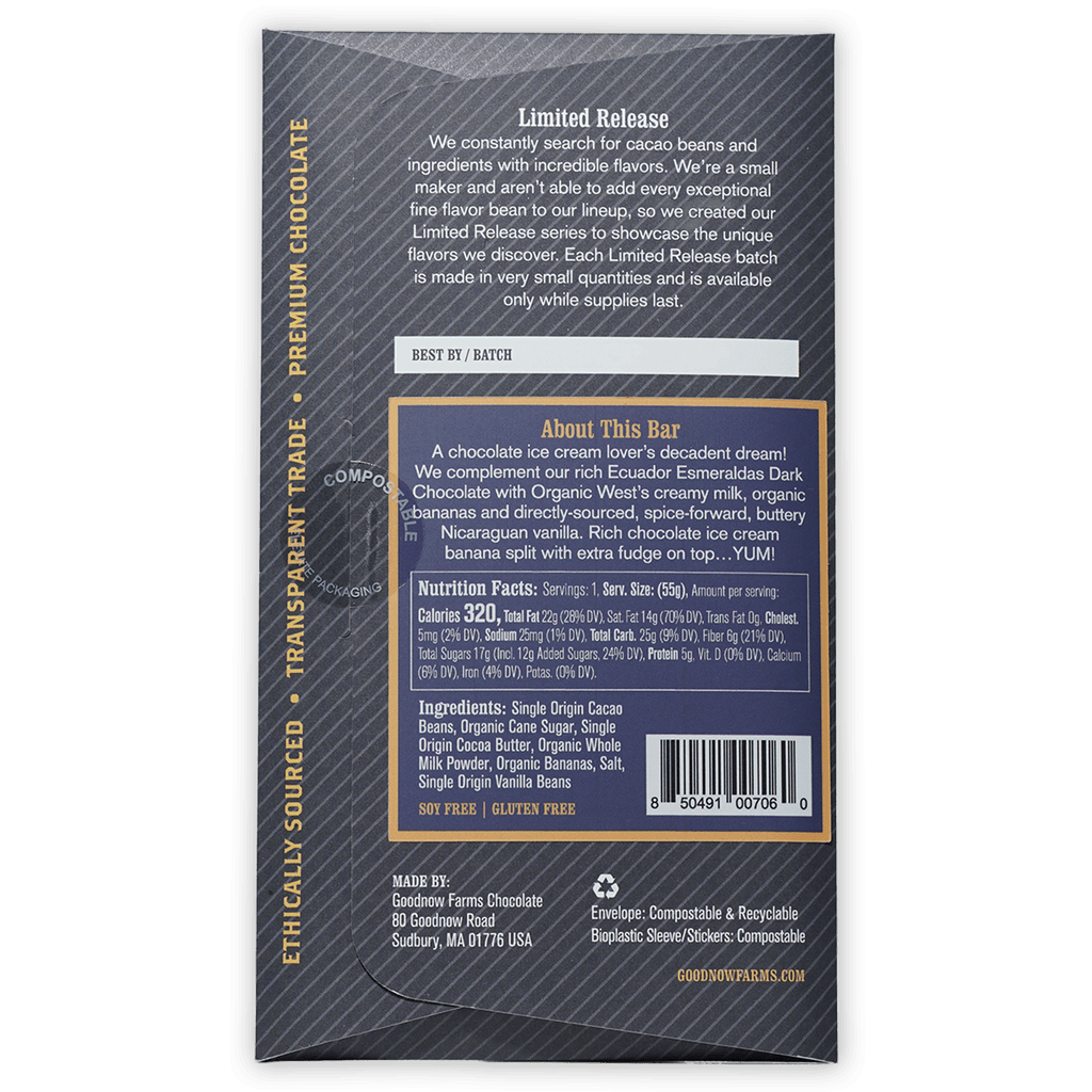 Goodnow Farms Banana Split 59% dark chocolate bar in transparent wrapper