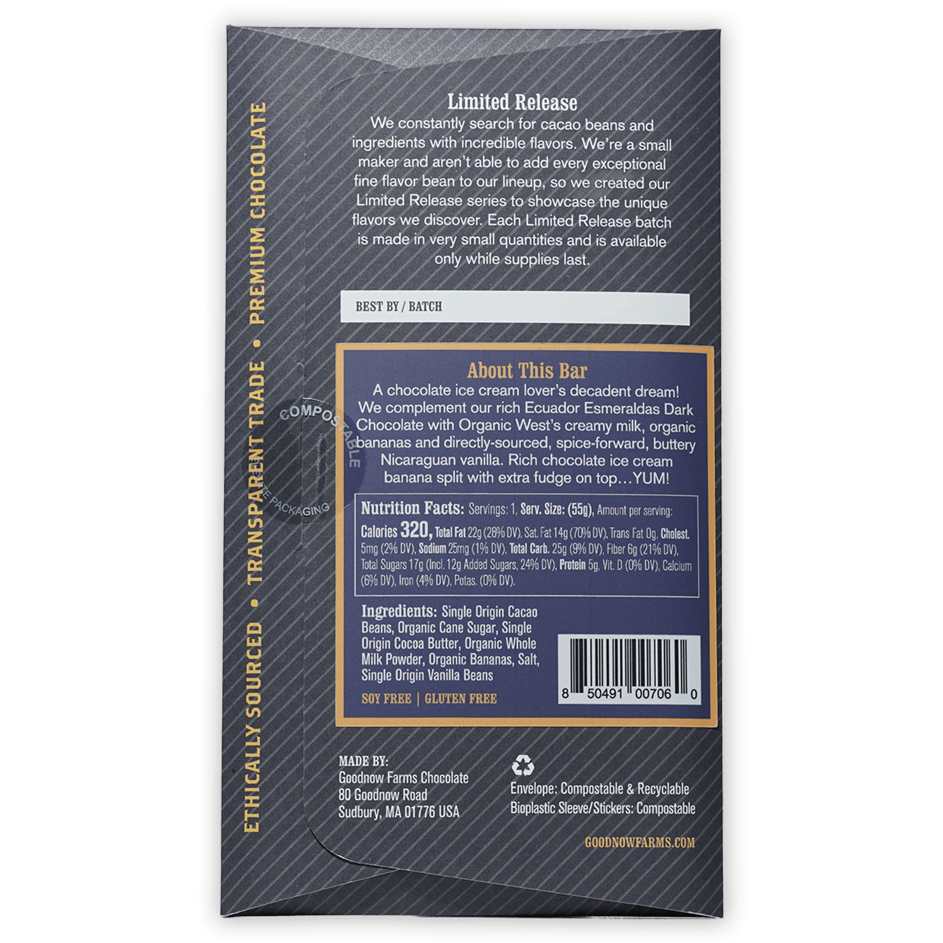 Goodnow Farms Banana Split 59% dark chocolate bar in transparent wrapper