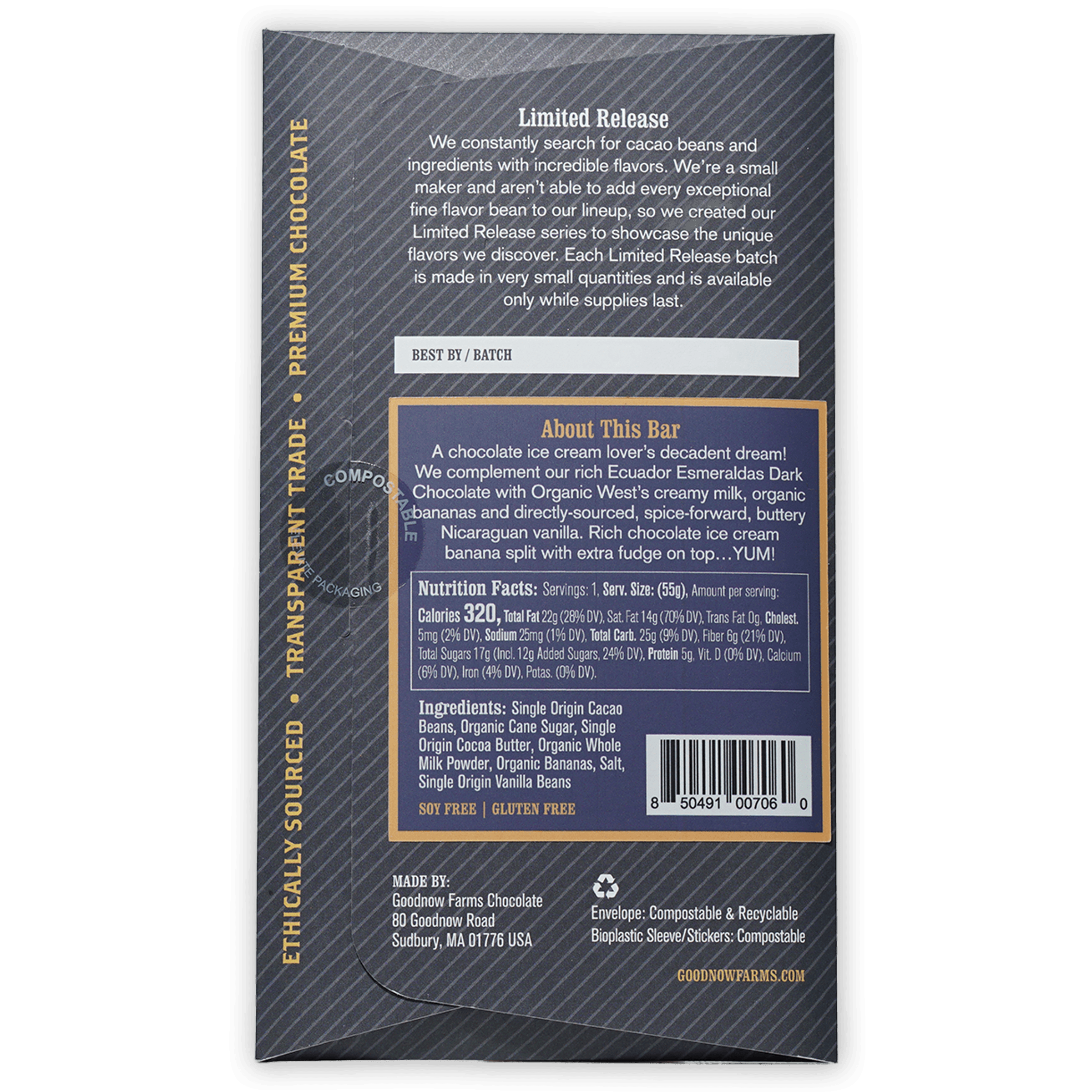 Goodnow Farms Banana Split 59% dark chocolate bar in transparent wrapper
