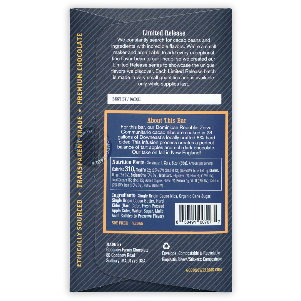 Back of Goodnow Farms Dark Unfiltered Hard Cider 70% chocolate bar wrapper