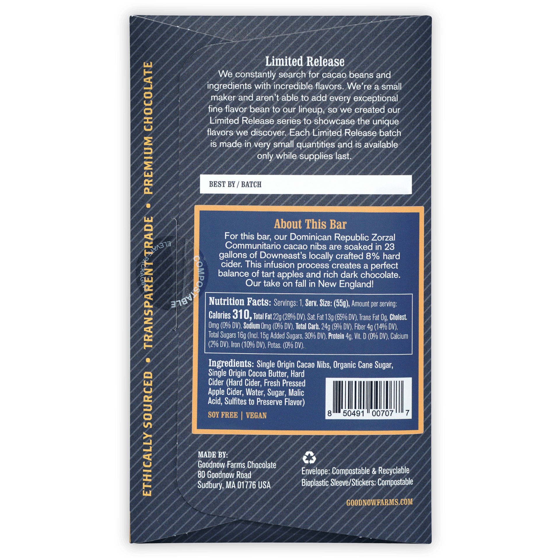 Back of Goodnow Farms Dark Unfiltered Hard Cider 70% chocolate bar wrapper