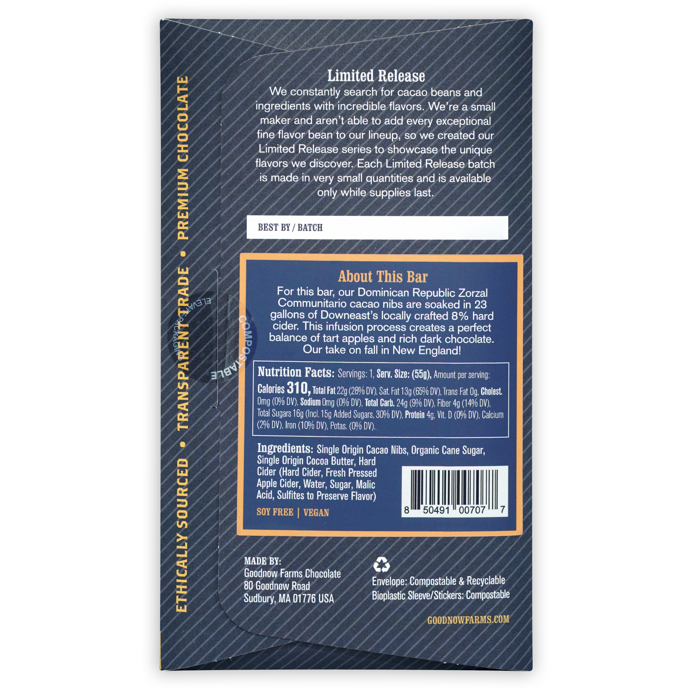 Back of Goodnow Farms Dark Unfiltered Hard Cider 70% chocolate bar wrapper