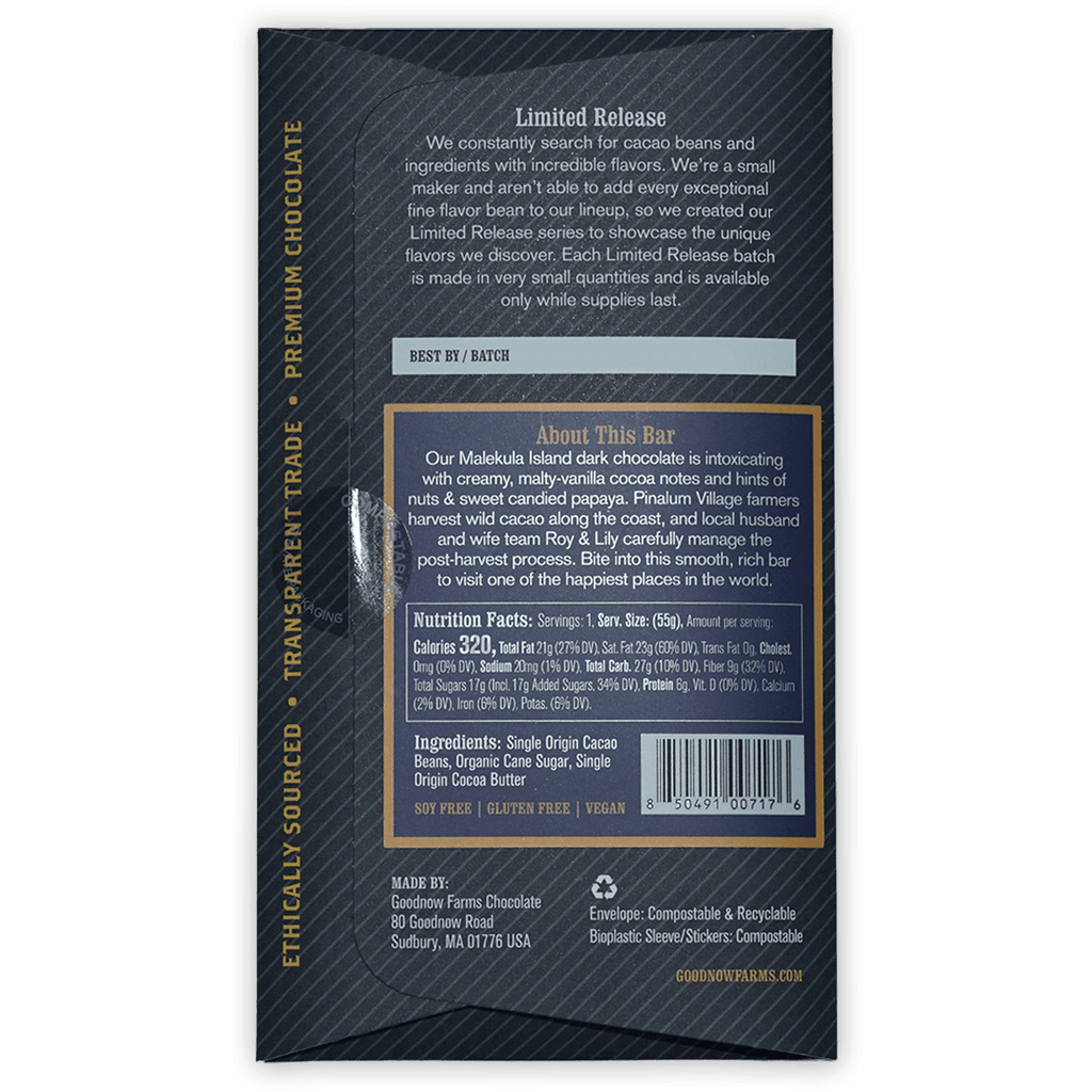 Goodnow Farms Malekula Island 70% dark chocolate bar in black gold wrapper