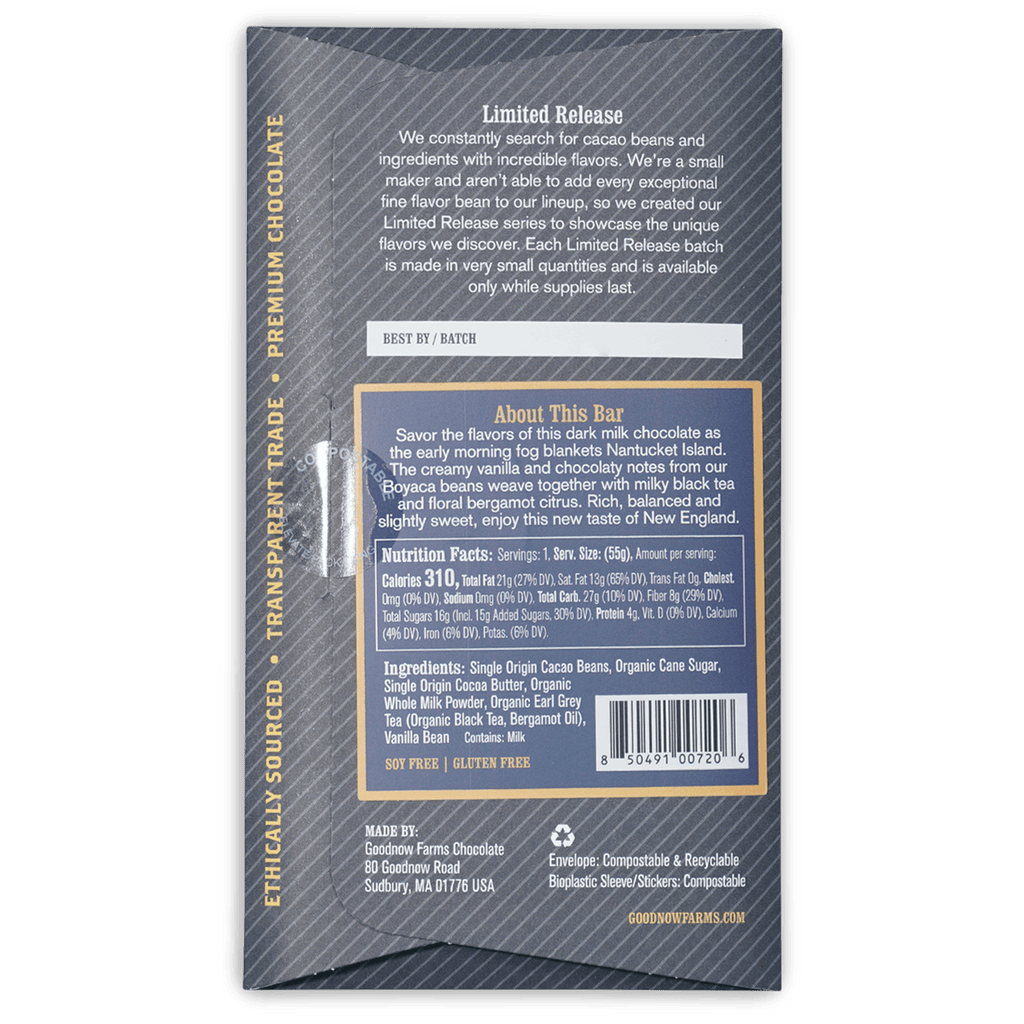 Goodnow Farms Nantucket Fog 65% dark milk chocolate bar in compostable wrapper