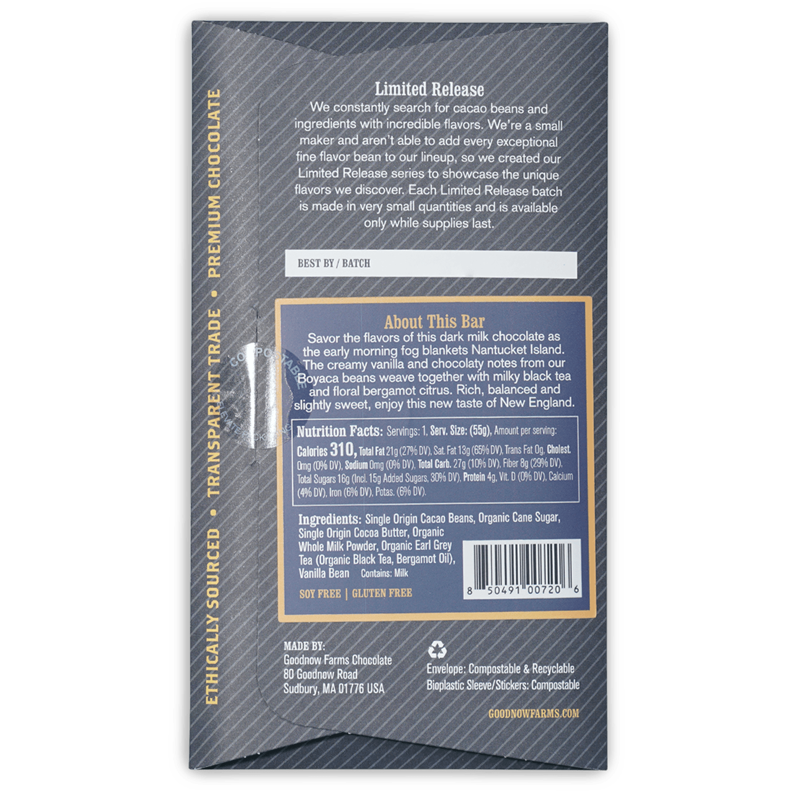 Goodnow Farms Nantucket Fog 65% dark milk chocolate bar in compostable wrapper
