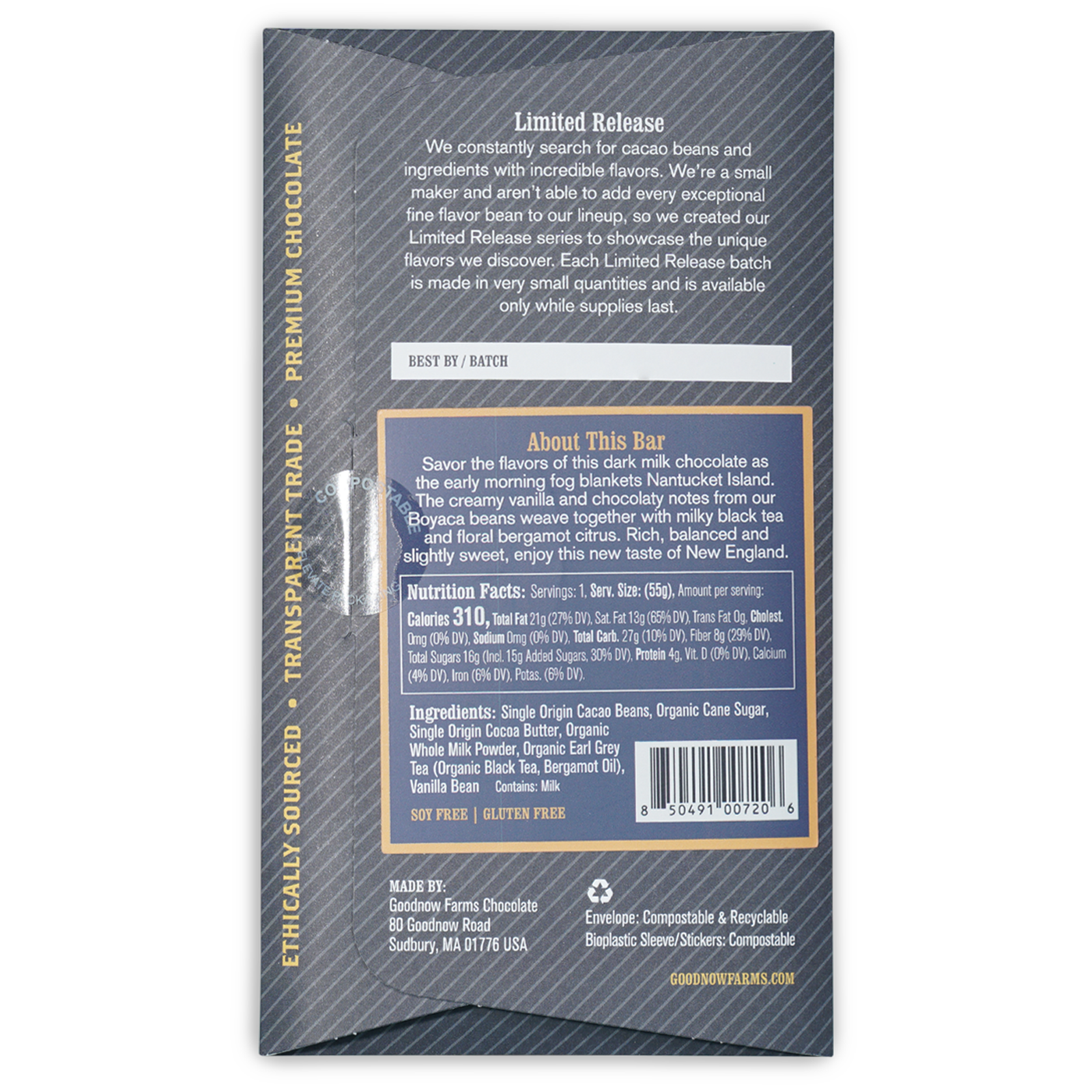 Goodnow Farms Nantucket Fog 65% dark milk chocolate bar in compostable wrapper