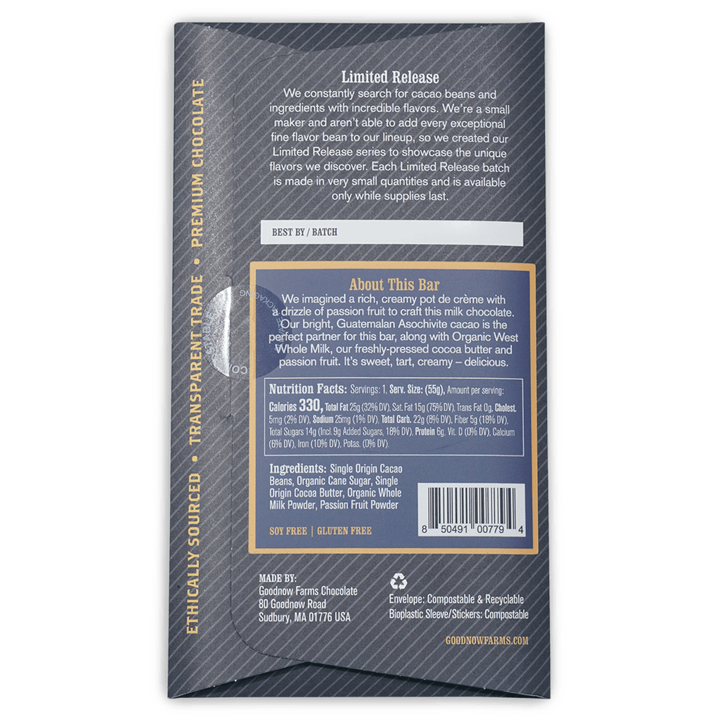 Goodnow Farms Passion Fruit & Cream 62% limited edition chocolate bar wrapper