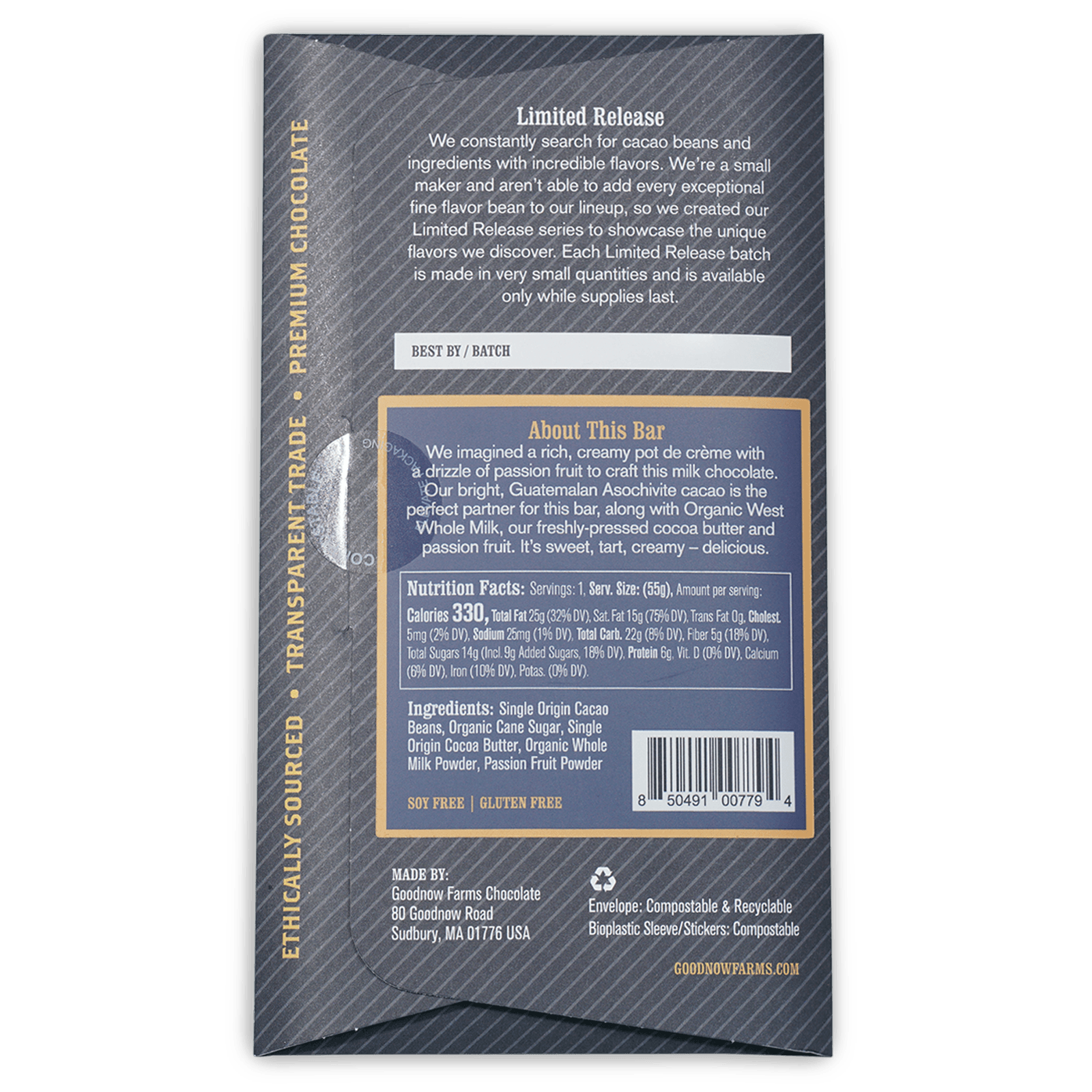 Goodnow Farms Passion Fruit & Cream 62% limited edition chocolate bar wrapper