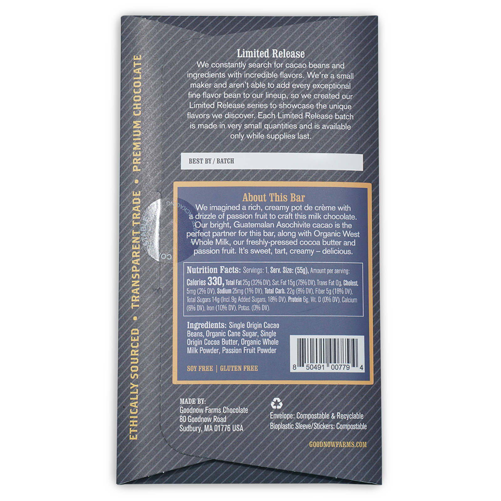 Goodnow Farms Passion Fruit & Cream 62% limited edition chocolate bar wrapper