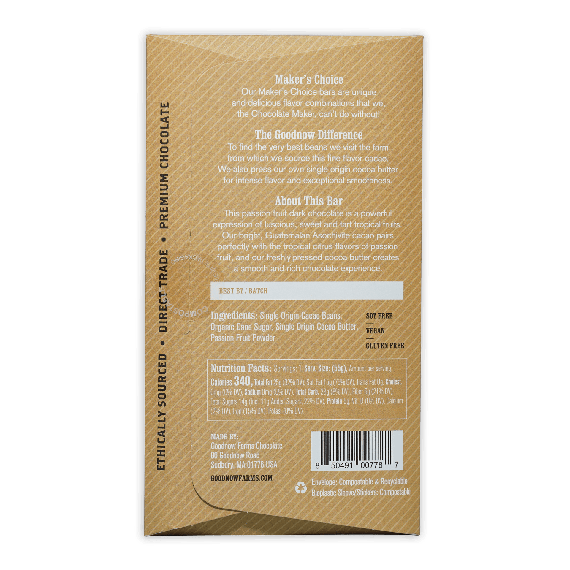Back of Goodnow Farms Dark Pure Passionfruit 70% gold wrapper with ingredients