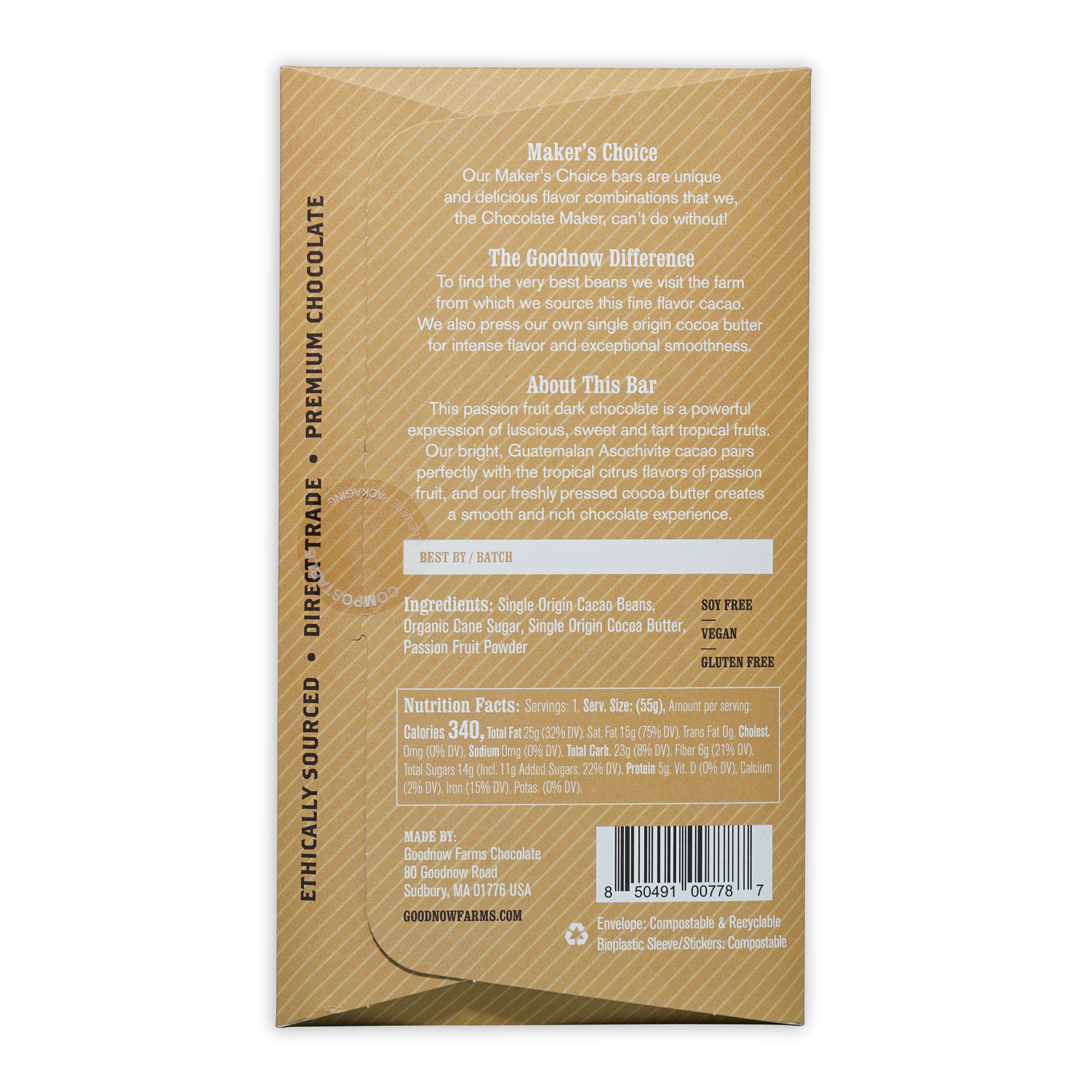 Back of Goodnow Farms Dark Pure Passionfruit 70% gold wrapper with ingredients