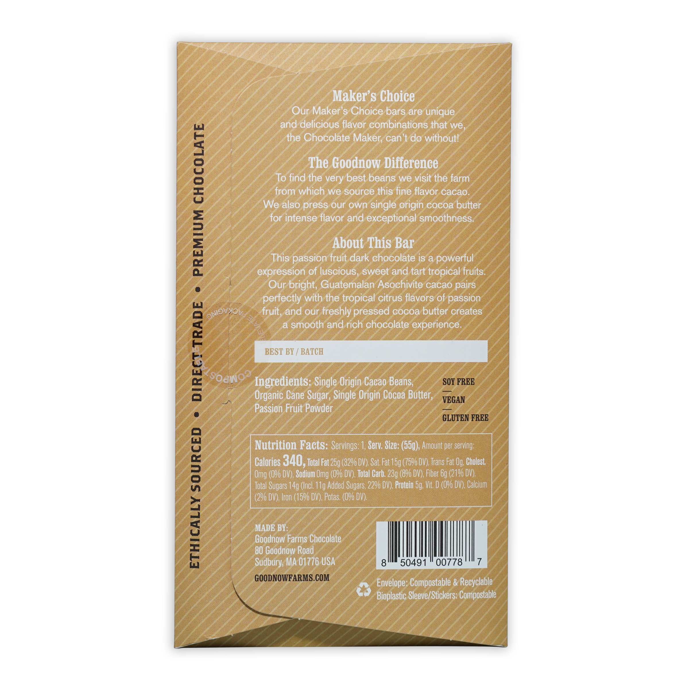 Back of Goodnow Farms Dark Pure Passionfruit 70% gold wrapper with ingredients