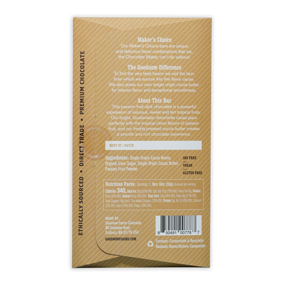 Back of Goodnow Farms Dark Pure Passionfruit 70% gold wrapper with ingredients