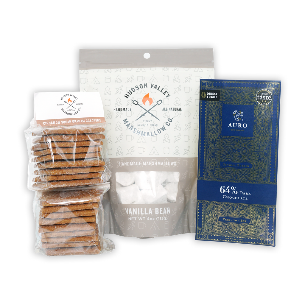 Blue and gold patterned Auro 64% dark chocolate bar in Gourmet S’mores Kit