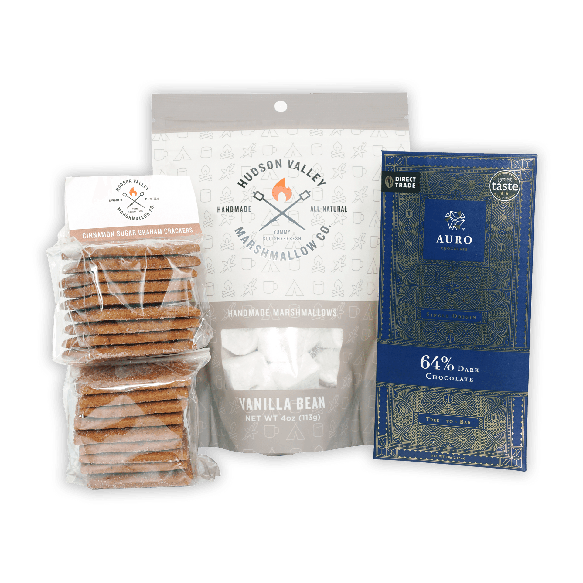 Blue and gold patterned Auro 64% dark chocolate bar in Gourmet S’mores Kit