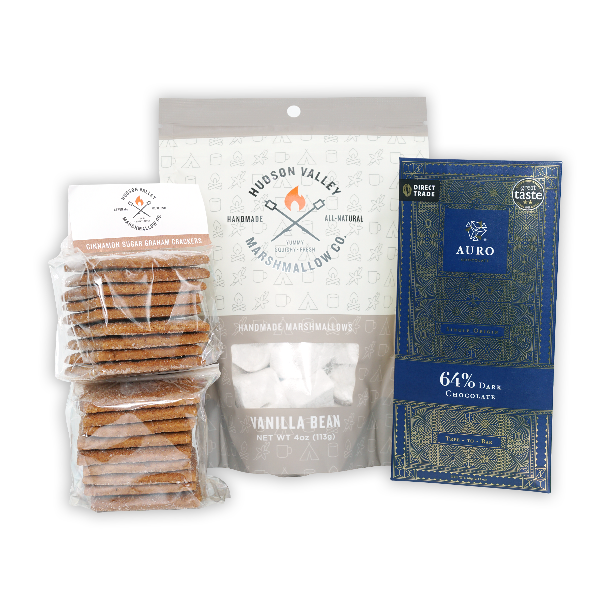 Blue and gold patterned Auro 64% dark chocolate bar in Gourmet S’mores Kit