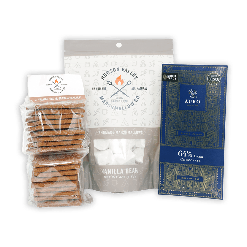 Blue and gold patterned Auro 64% dark chocolate bar in Gourmet S’mores Kit