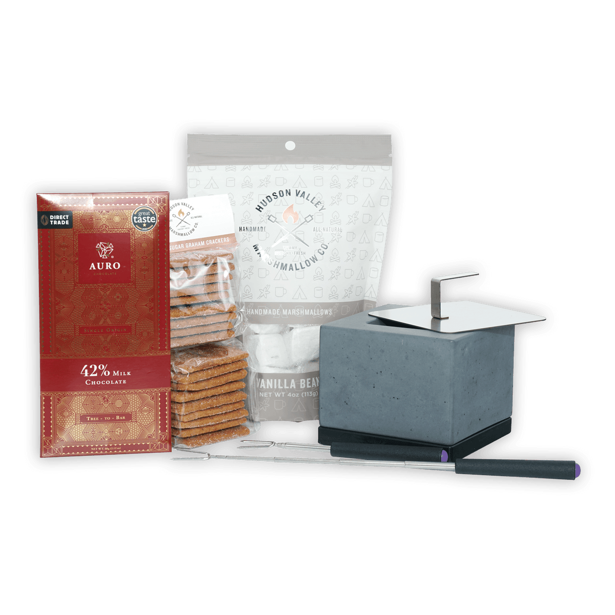 Gray concrete campfire grill with flat lid, purple handle for Gourmet S’mores Kit