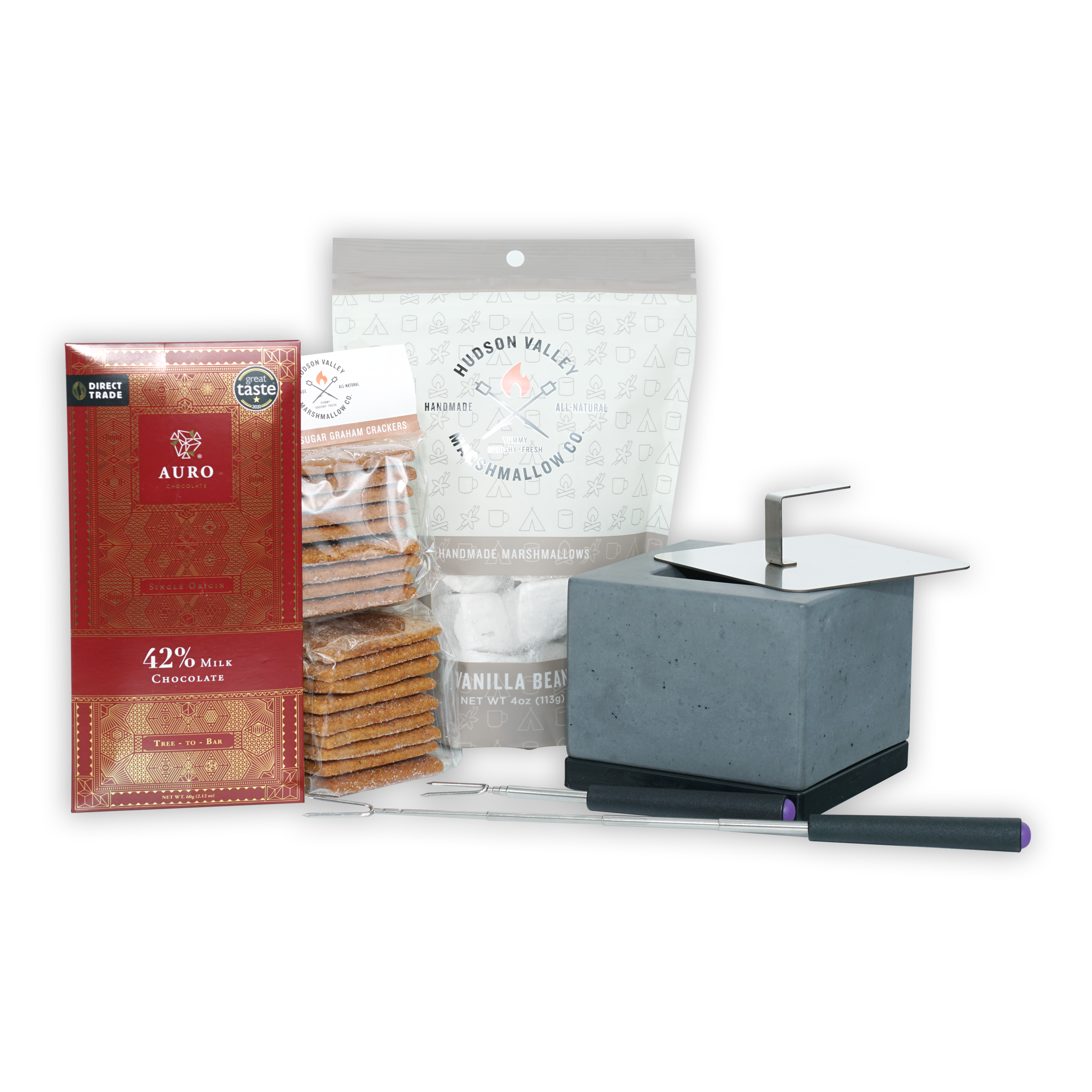 Gray concrete campfire grill with flat lid, purple handle for Gourmet S’mores Kit