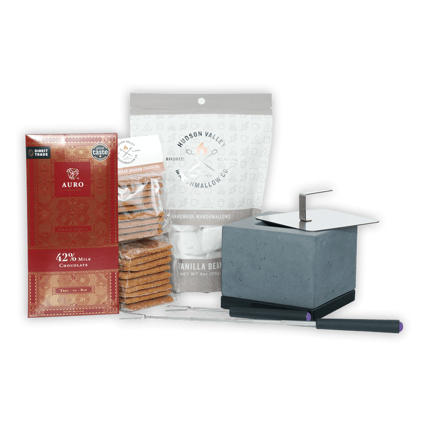Gray concrete campfire grill with flat lid, purple handle for Gourmet S’mores Kit