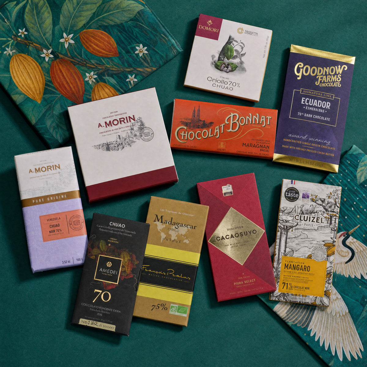 Grand Gesture dark chocolate gift bundle, craft bars and boxes on printed fabric wraps.