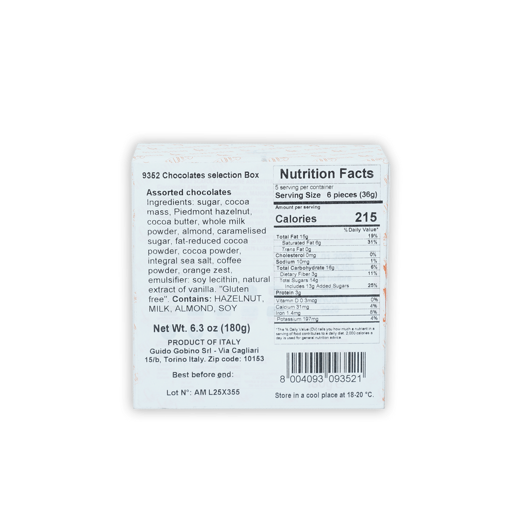 Back of Guido Gobino assorted chocolate cube gift small box 25 pcs with nutritional info