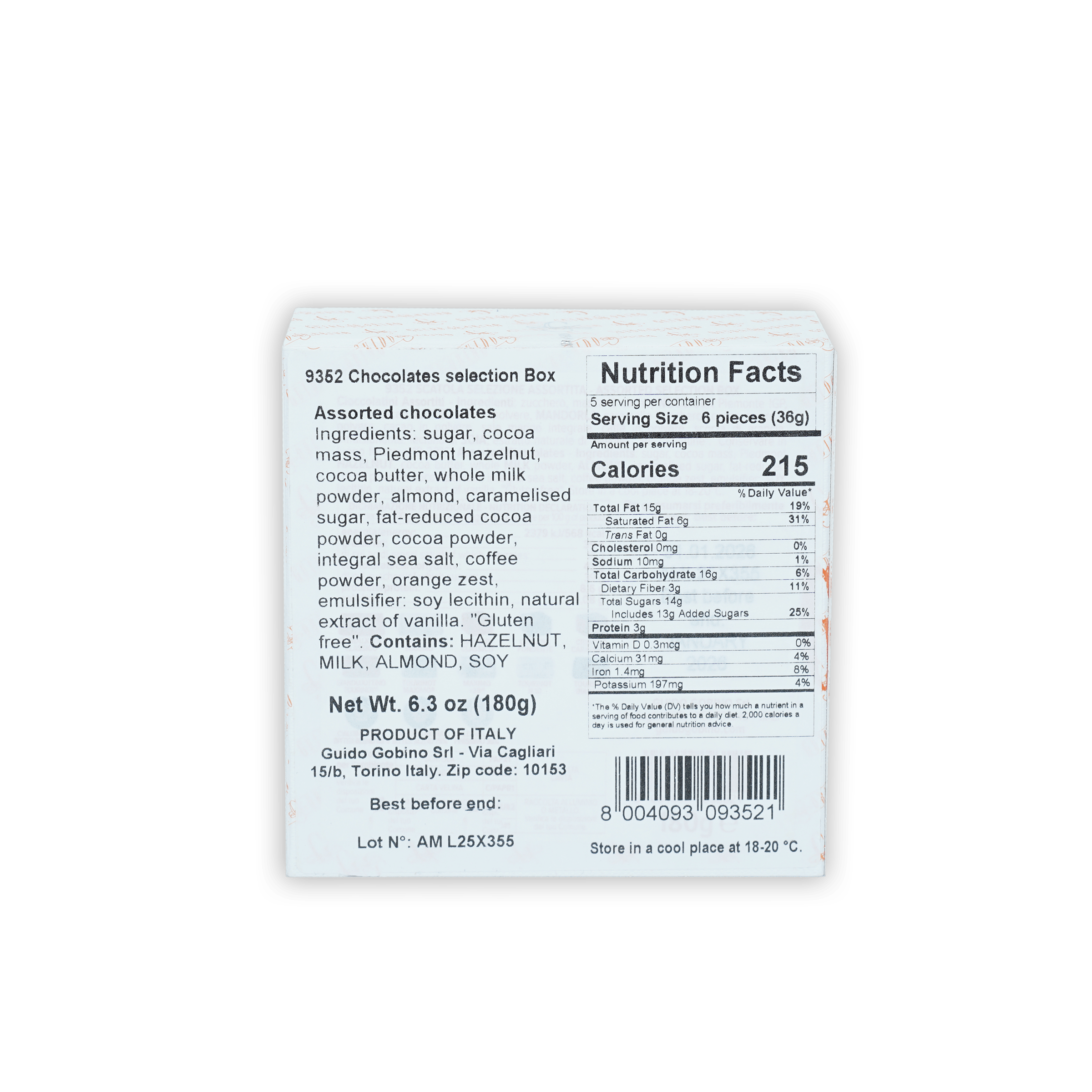 Back of Guido Gobino assorted chocolate cube gift small box 25 pcs with nutritional info