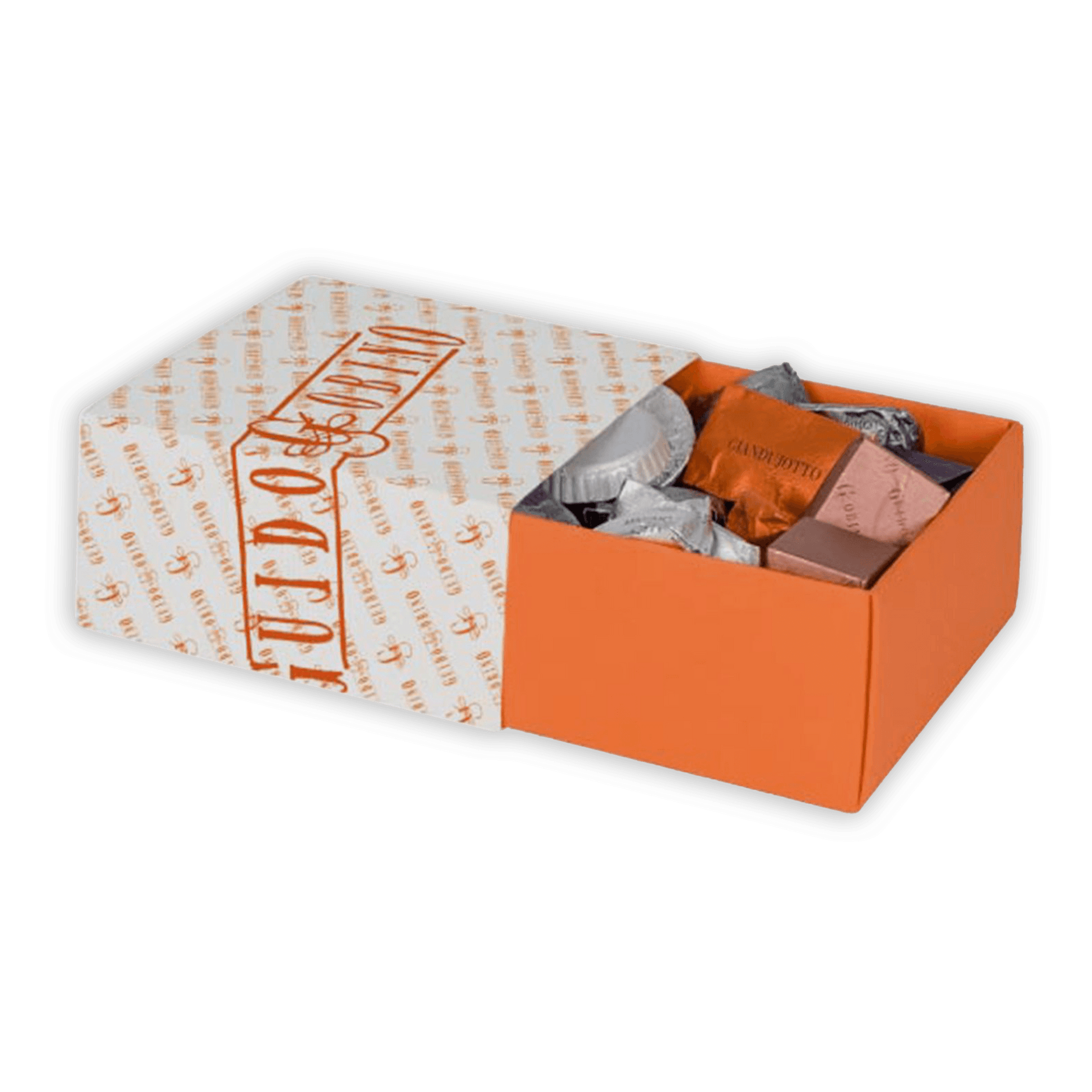 Guido Gobino small assorted chocolate cube gift box with orange buddo logo, 25 pcs