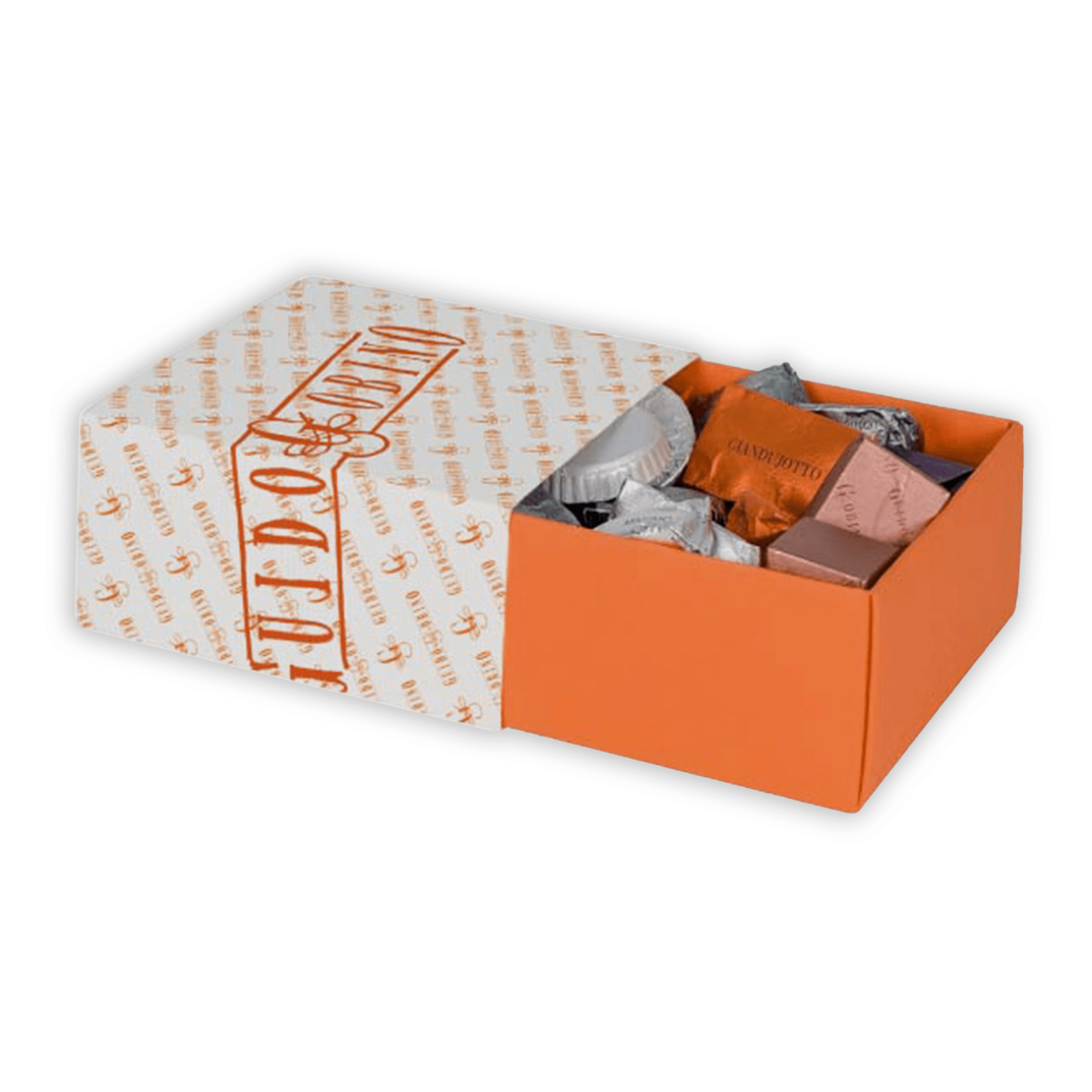 Guido Gobino small assorted chocolate cube gift box with orange buddo logo, 25 pcs
