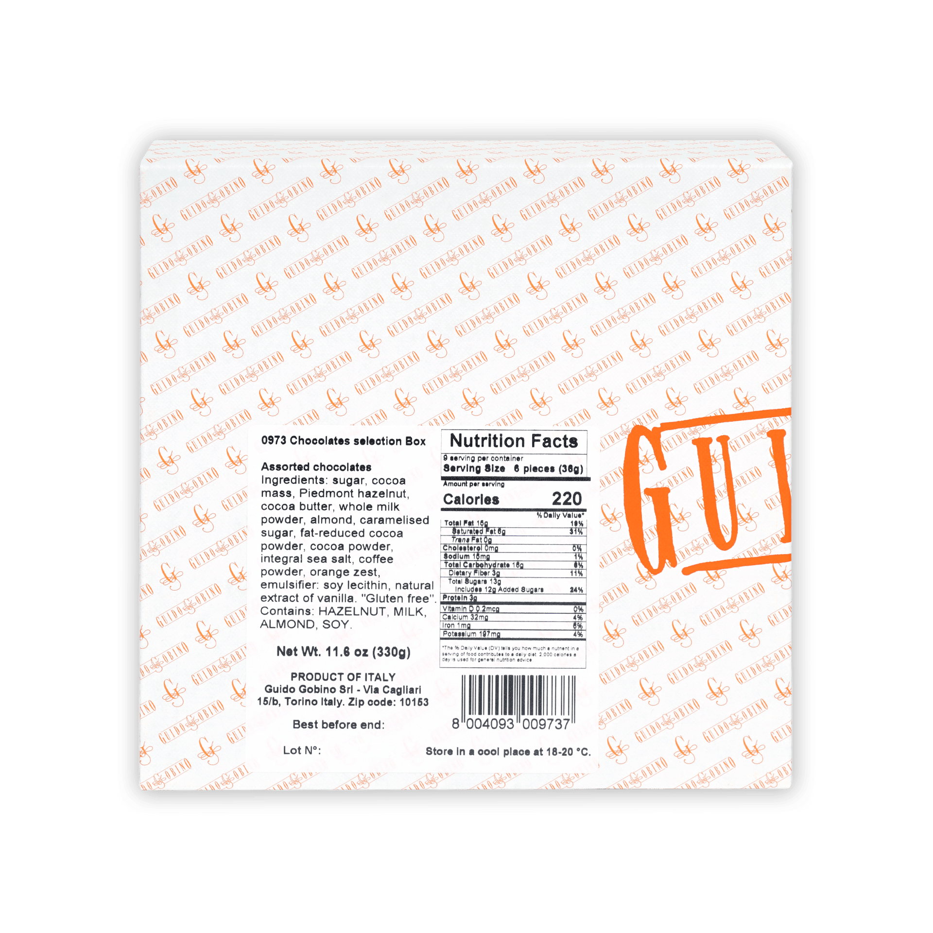 Guido Gobino assorted chocolates selection gift box, white with orange logo