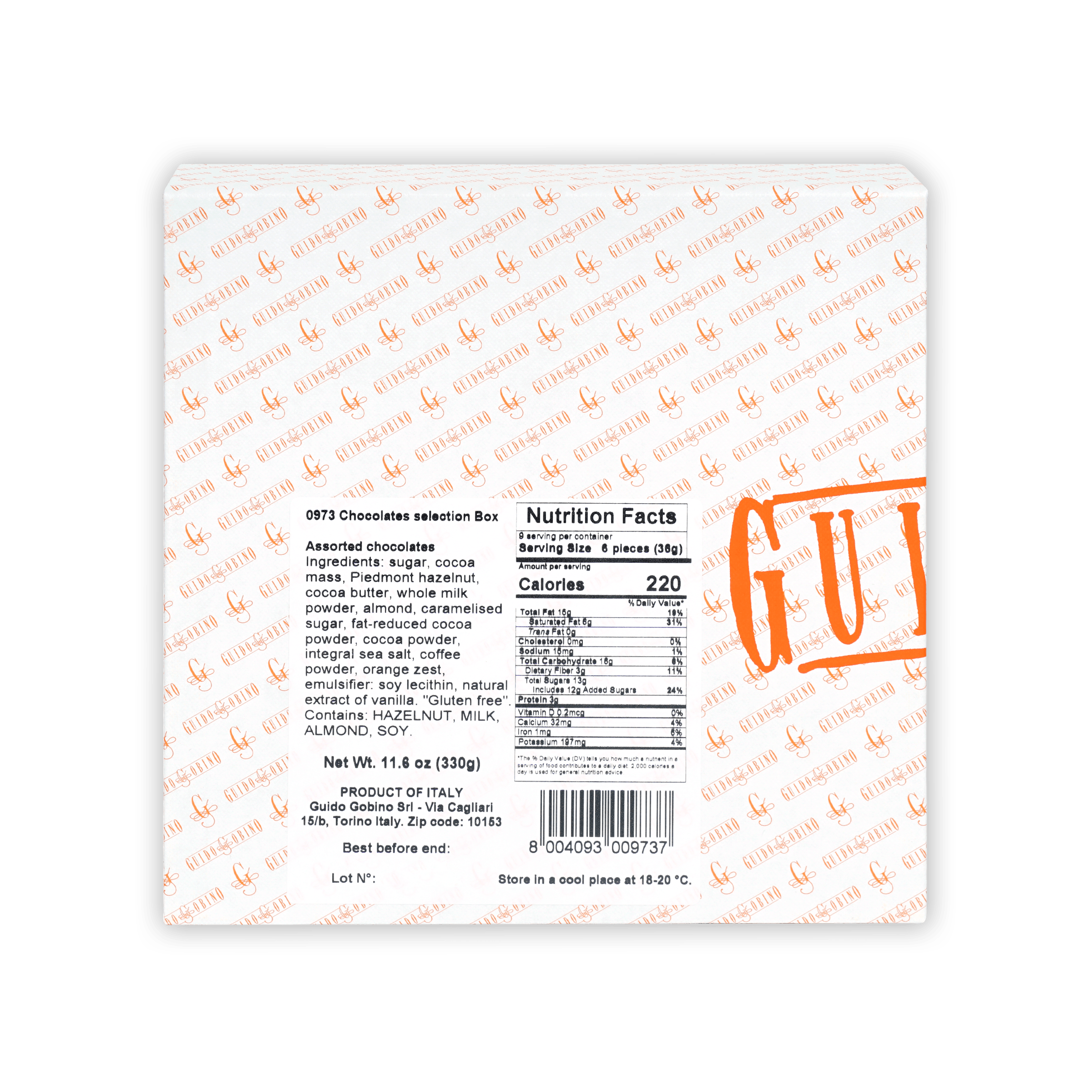 Guido Gobino assorted chocolates selection gift box, white with orange logo