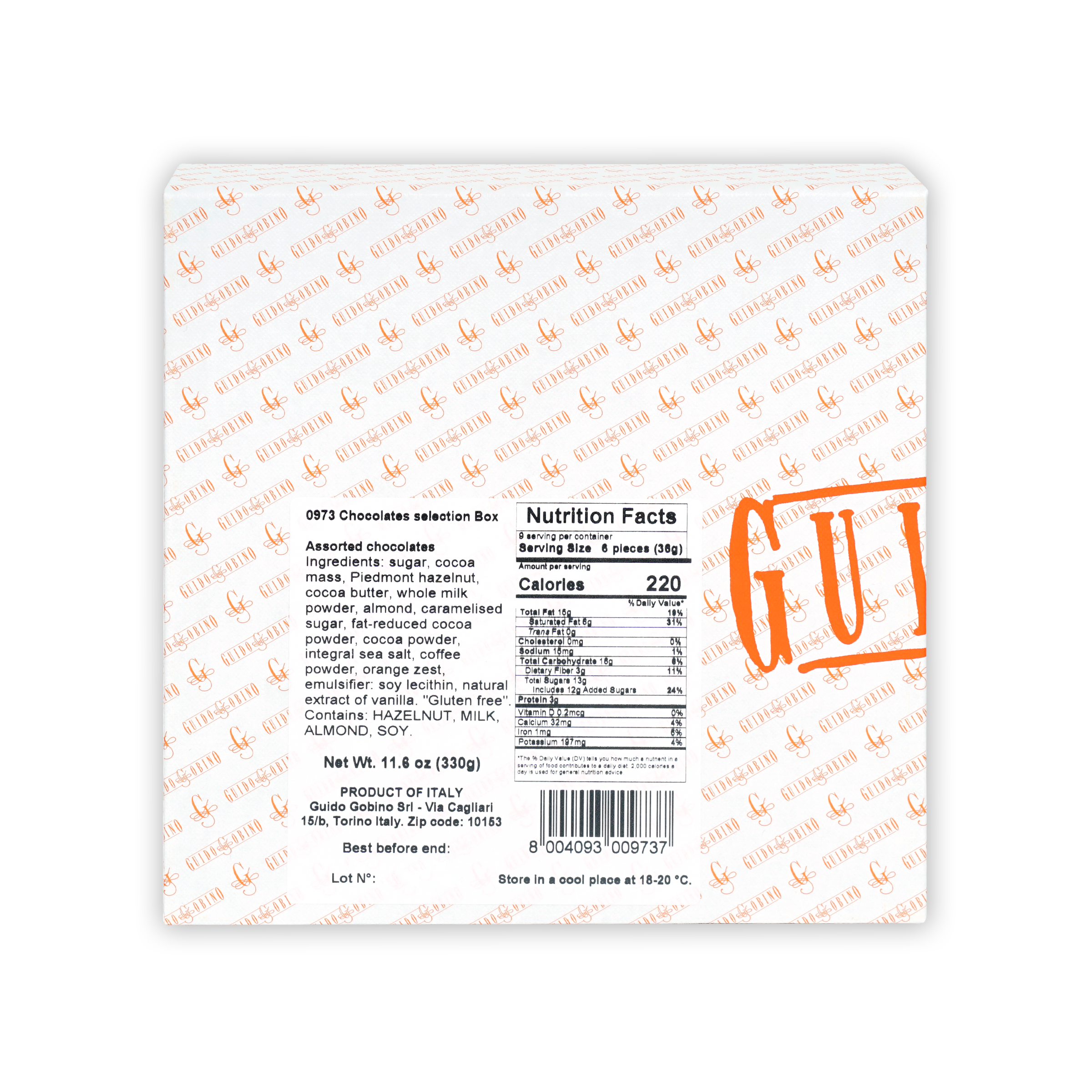 Guido Gobino assorted chocolates selection gift box, white with orange logo