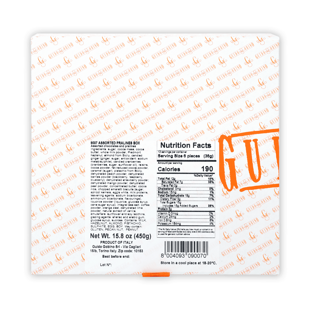 Guido Gobino 9007 assorted pralines gift box, white with orange gul branding, Italy