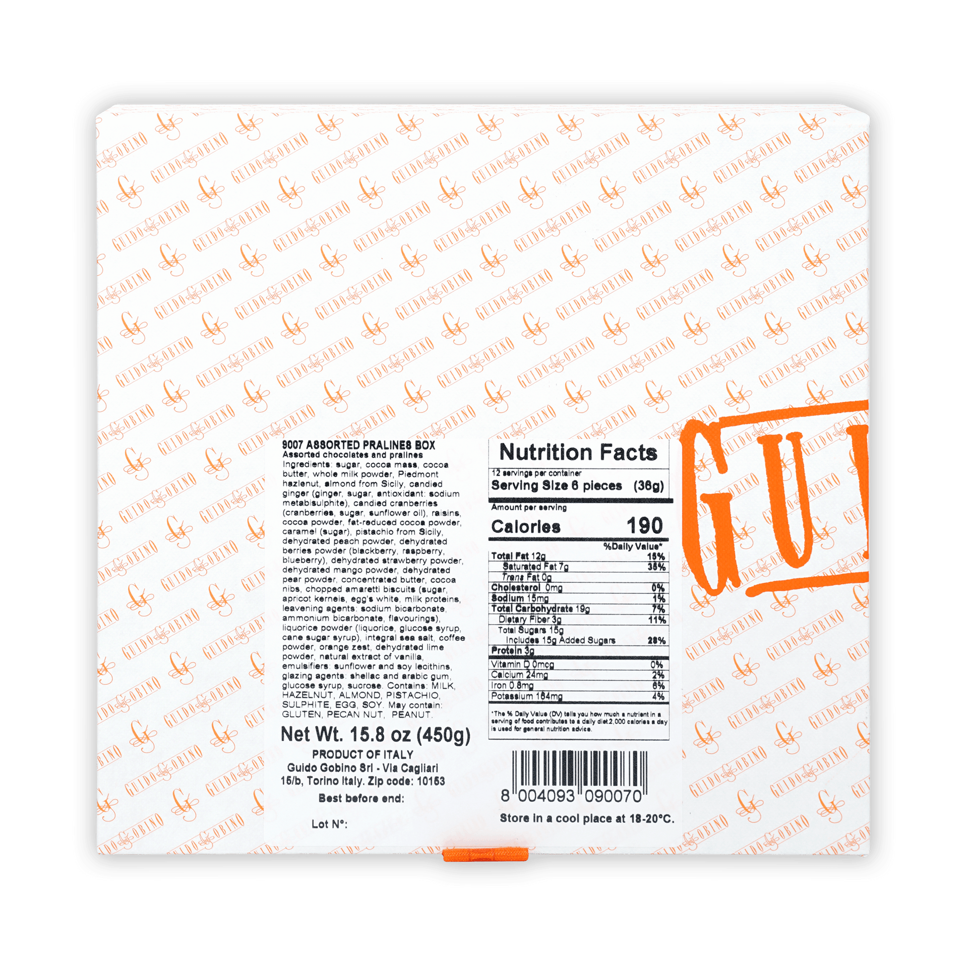 Guido Gobino 9007 assorted pralines gift box, white with orange gul branding, Italy