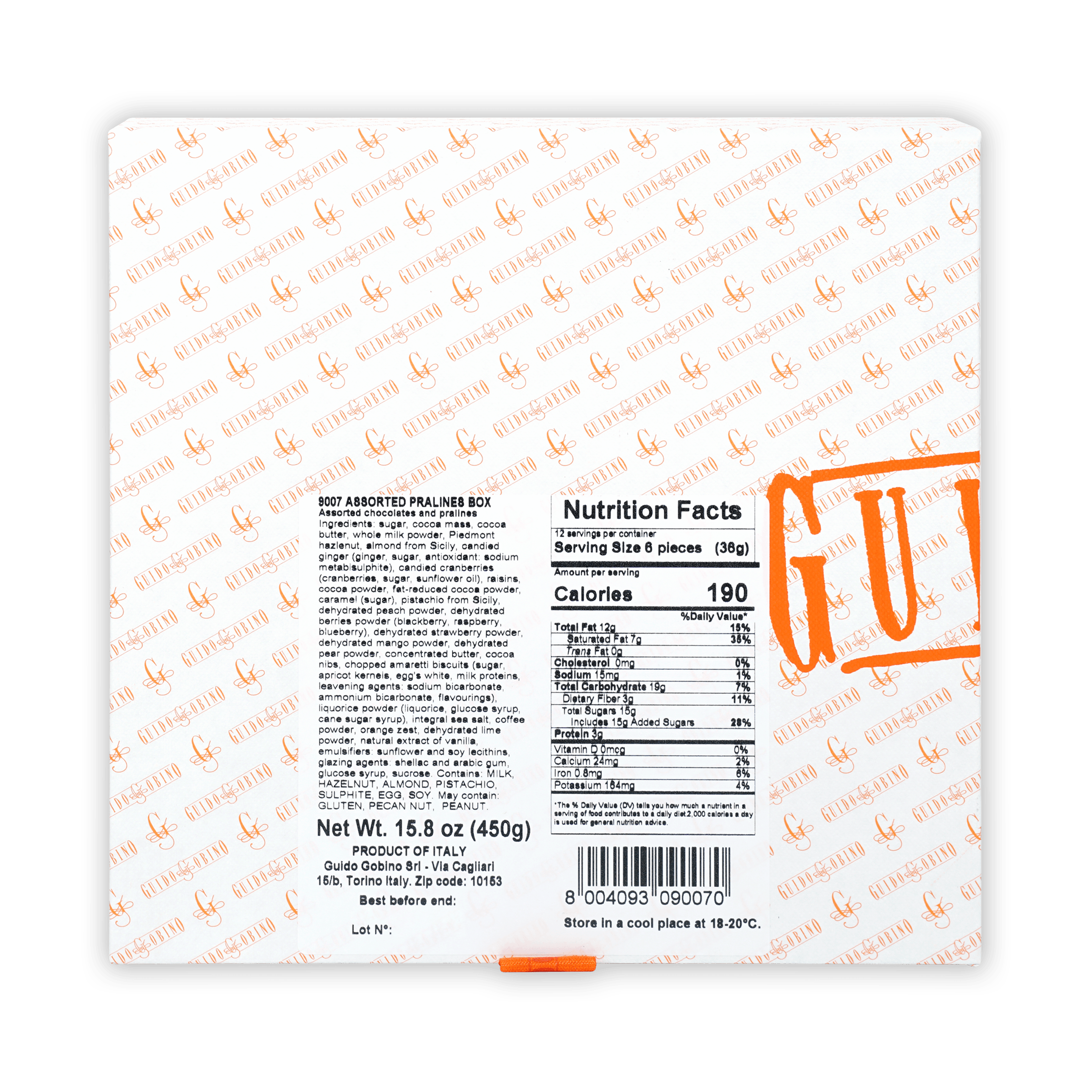 Guido Gobino 9007 assorted pralines gift box, white with orange gul branding, Italy