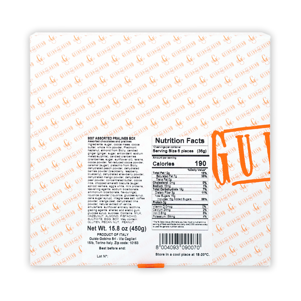 Guido Gobino 9007 assorted pralines gift box, white with orange gul branding, Italy