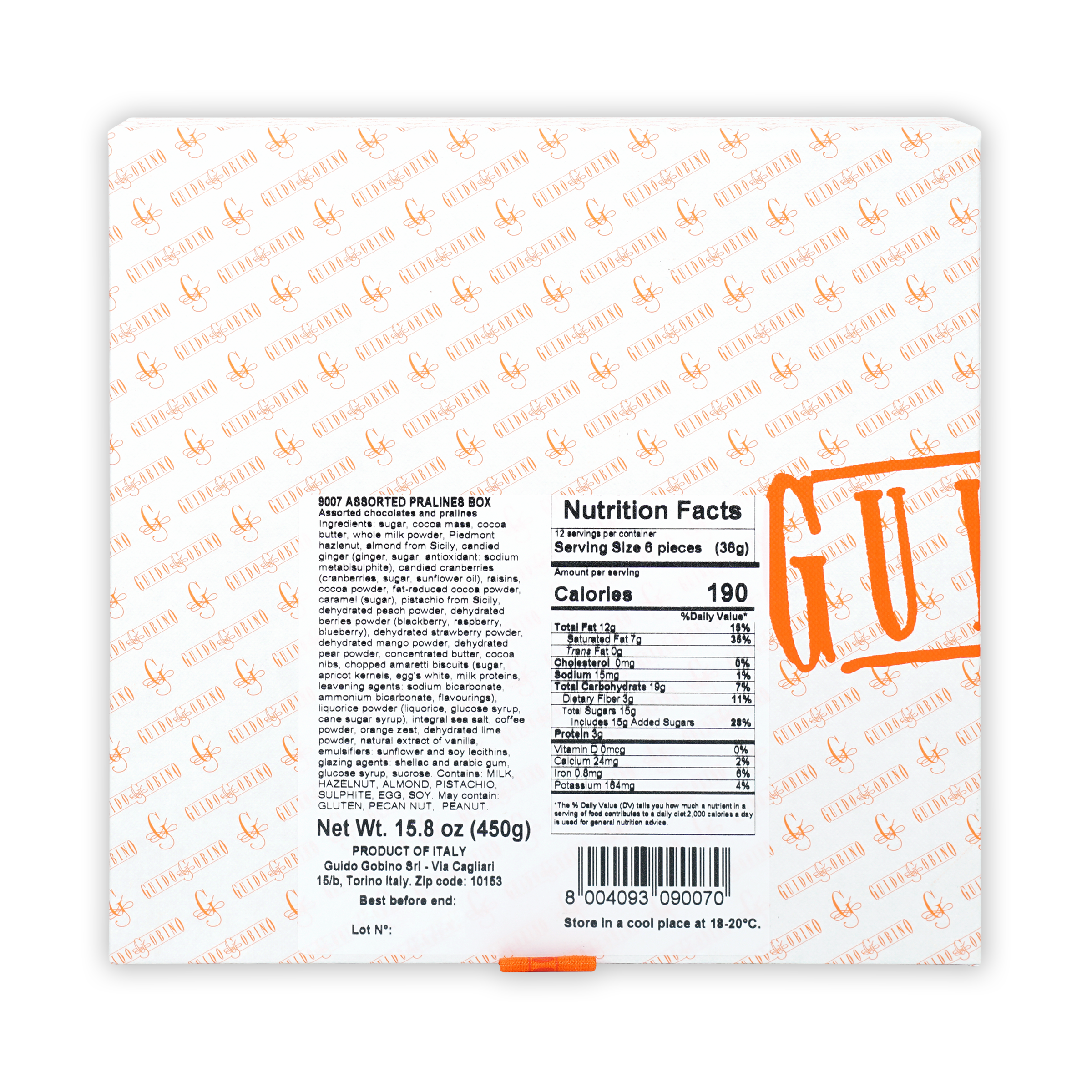 Guido Gobino 9007 assorted pralines gift box, white with orange gul branding, Italy