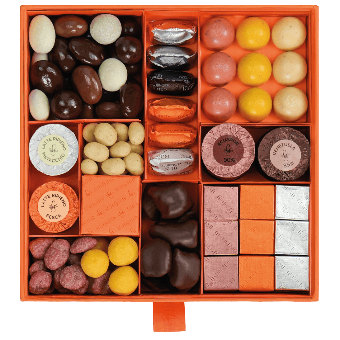 Guido Gobino assorted pralines gift box with colorful luxury chocolates