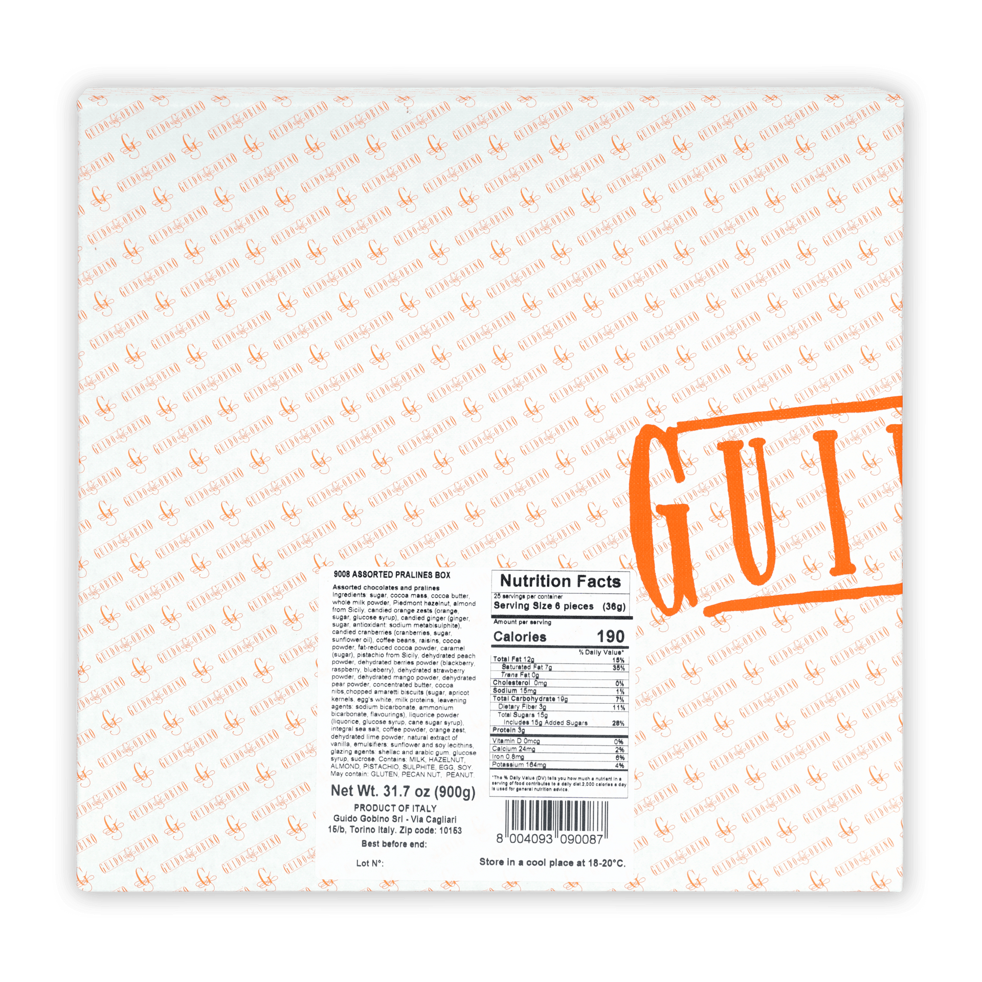 Guido Gobino large assorted pralines gift box back with orange branding