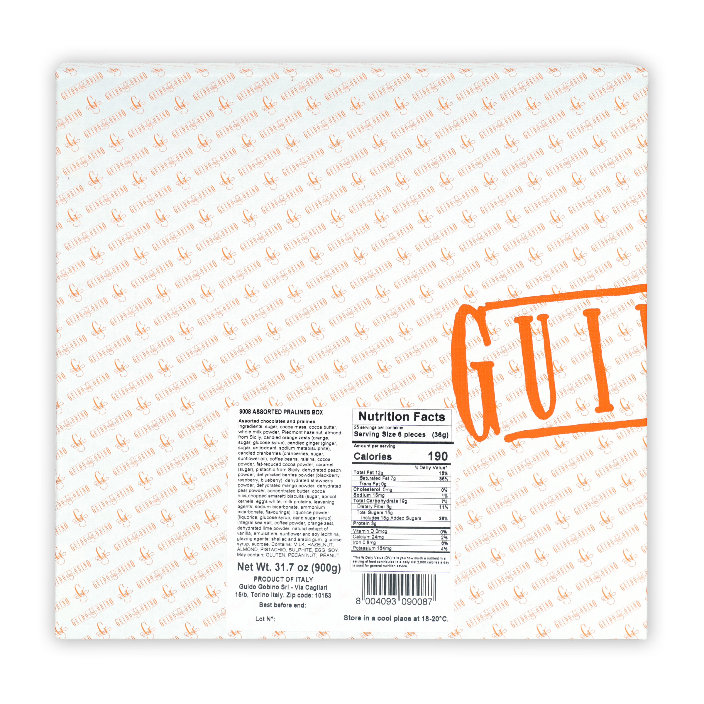 Guido Gobino large assorted pralines gift box back with orange branding