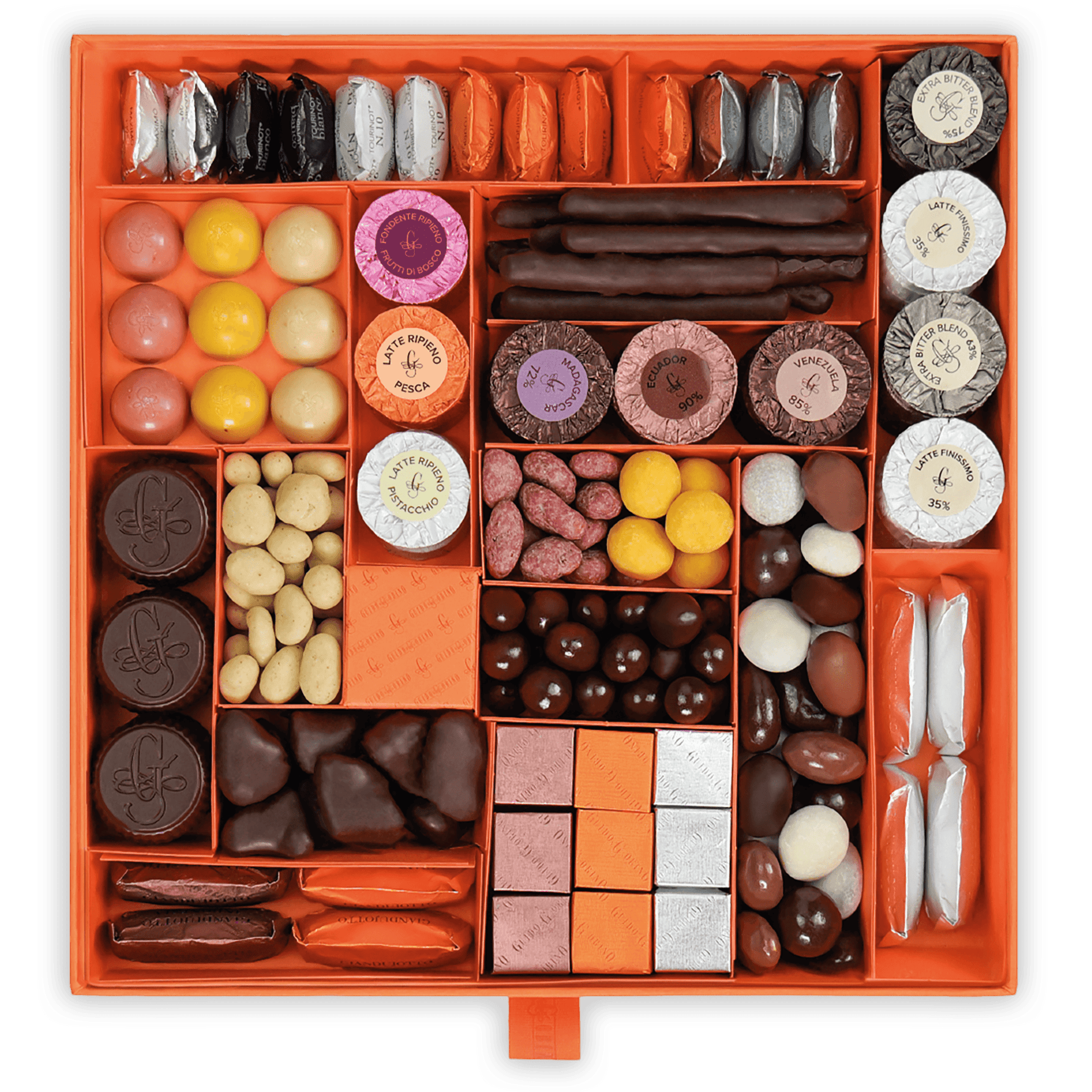 Guido Gobino large assorted pralines gift box with orange luxury chocolates