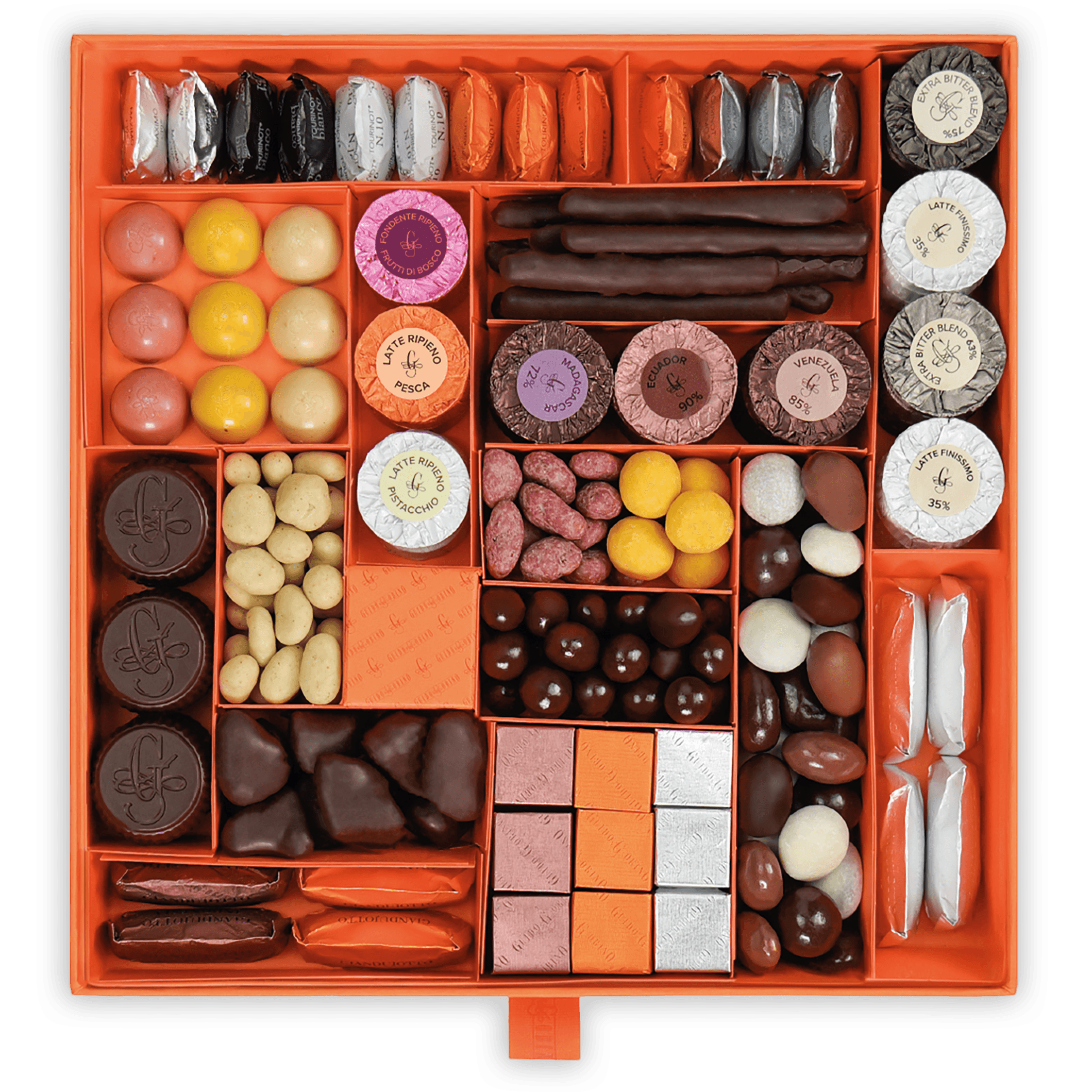 Guido Gobino large assorted pralines gift box with orange luxury chocolates