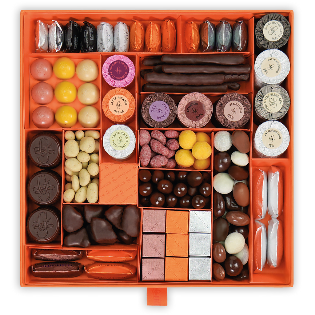 Guido Gobino large assorted pralines gift box with orange luxury chocolates