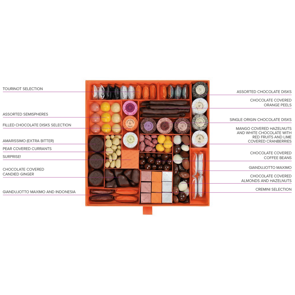 Guido Gobino large assorted pralines gift box with orange luxury gourmet chocolates