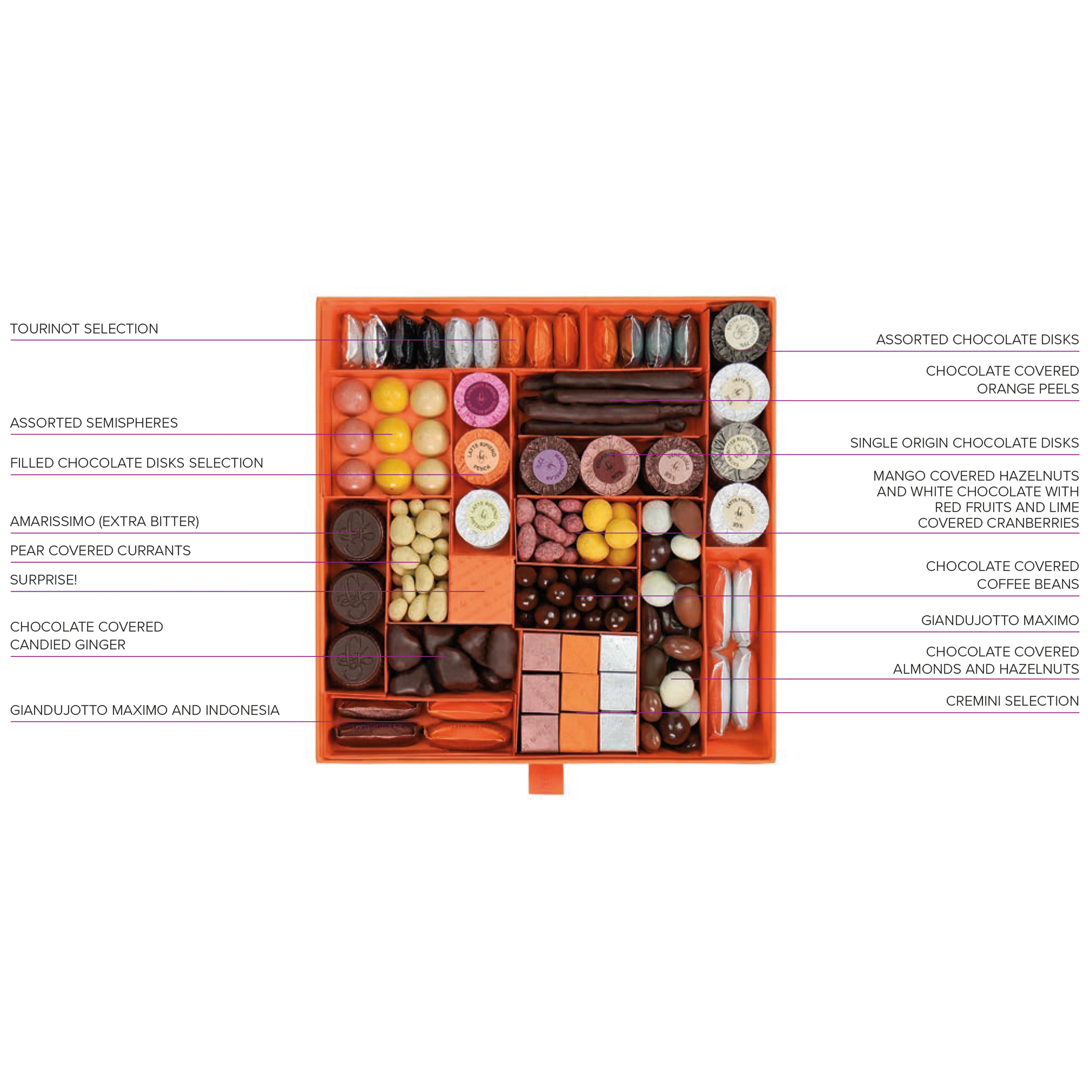 Guido Gobino large assorted pralines gift box with orange luxury gourmet chocolates