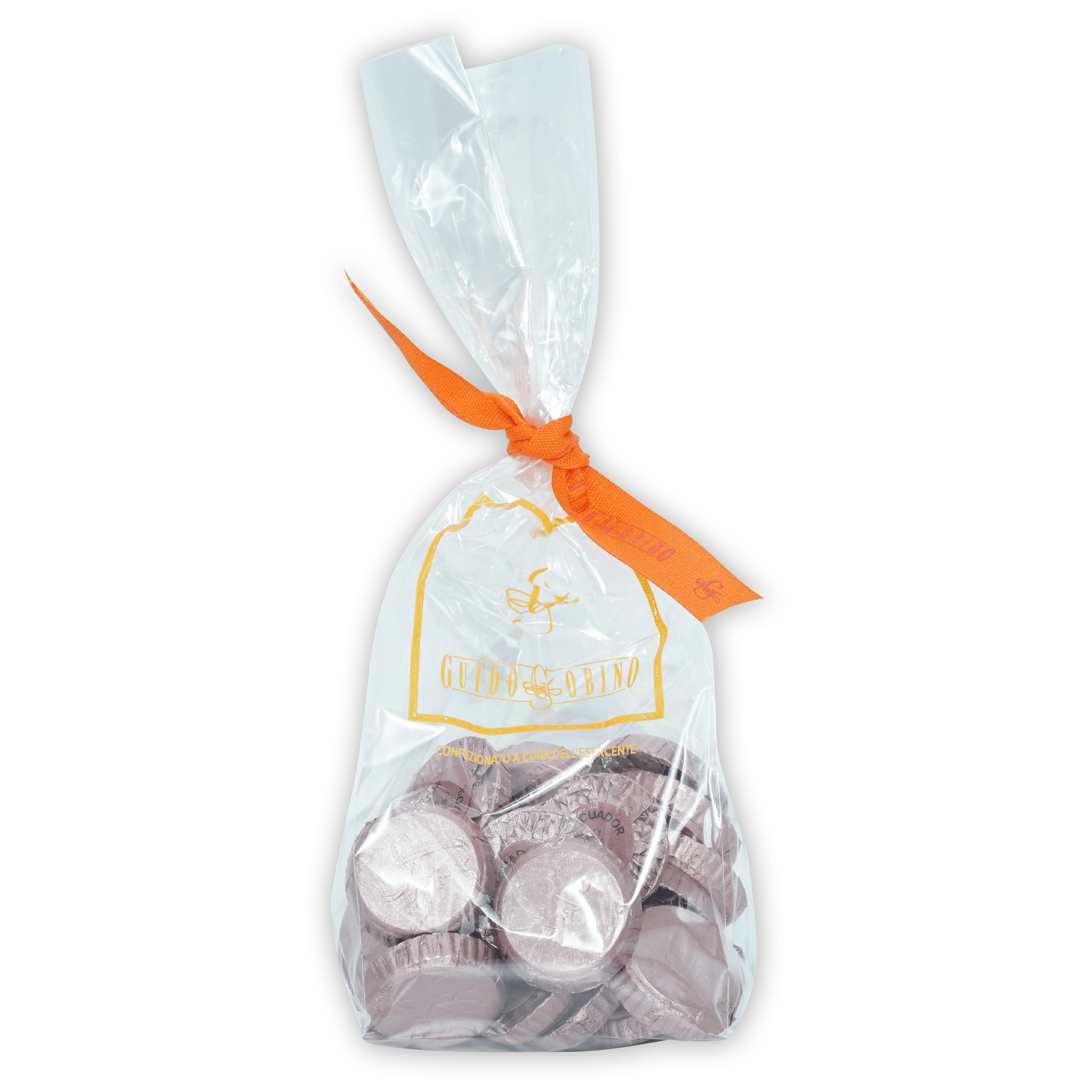 Guido Gobino Ecuador 70% chocolate disks in clear bag with orange ribbon, 25 pcs