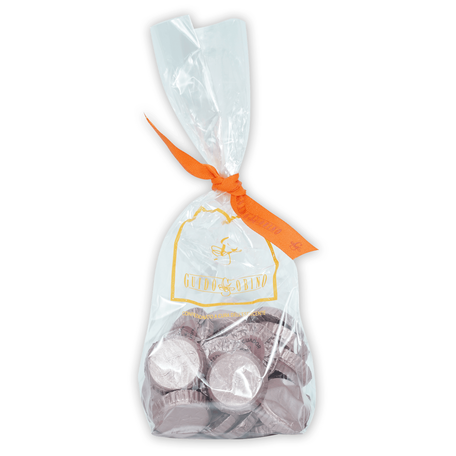 Guido Gobino Ecuador 70% chocolate disks in clear bag with orange ribbon, 25 pcs