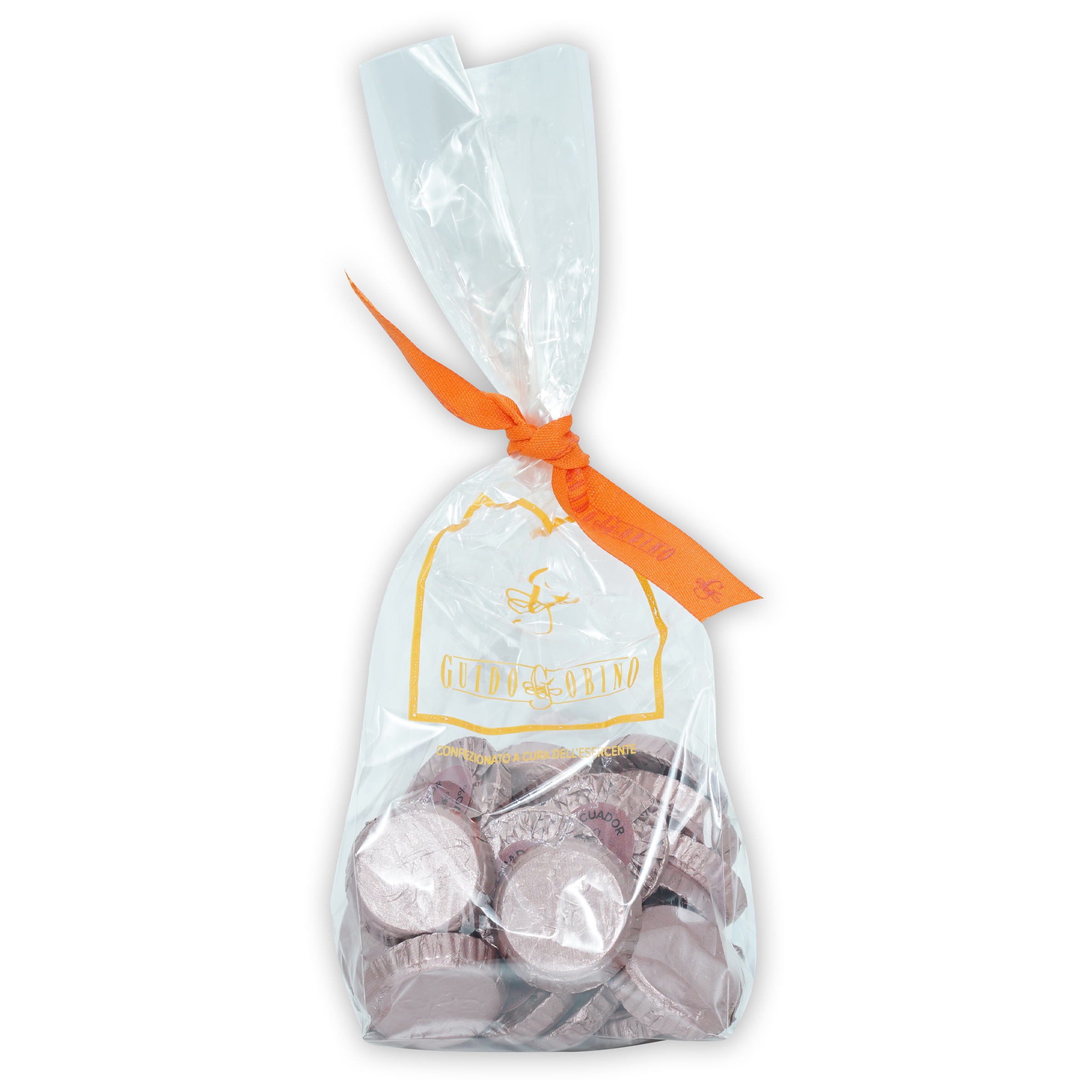 Guido Gobino Ecuador 70% chocolate disks in clear bag with orange ribbon, 25 pcs