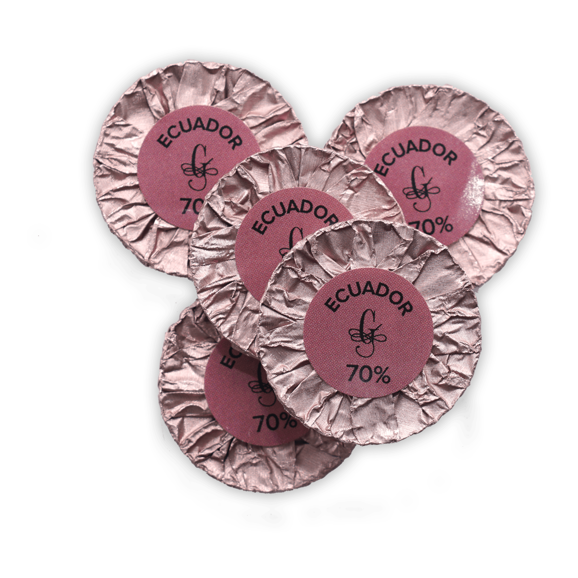 Pink foil-wrapped Guido Gobino Ecuador 70% chocolate disks, 25 pcs