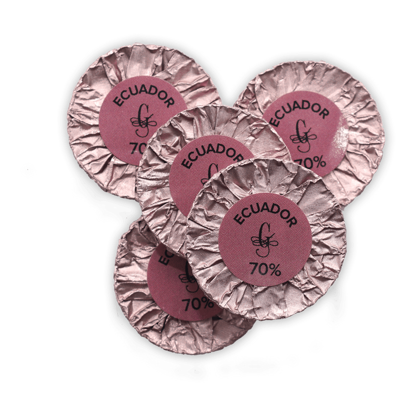 Pink foil-wrapped Guido Gobino Ecuador 70% chocolate disks, 25 pcs